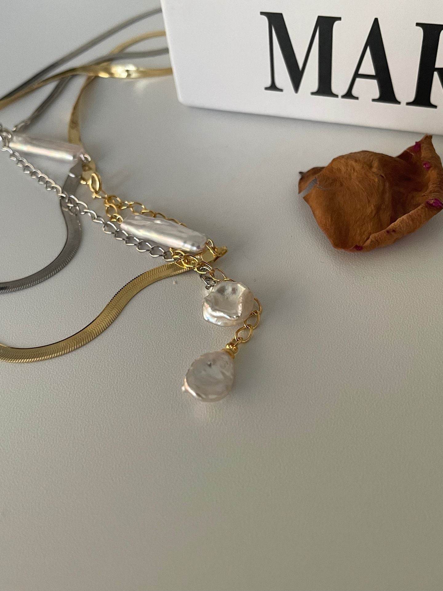 Baroque Duo Pearl Necklace – Silver Snake Chain - SOLIS