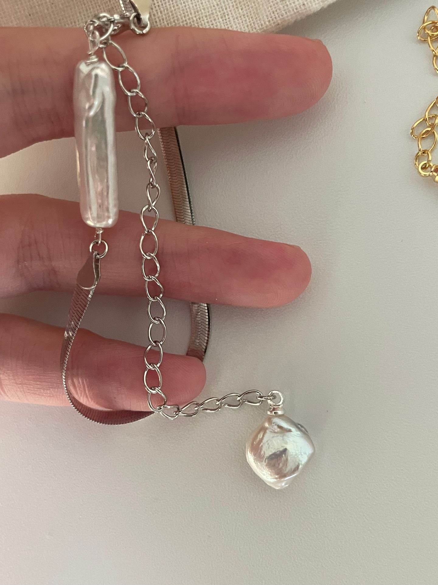 Baroque Duo Pearl Necklace – Silver Snake Chain - SOLIS