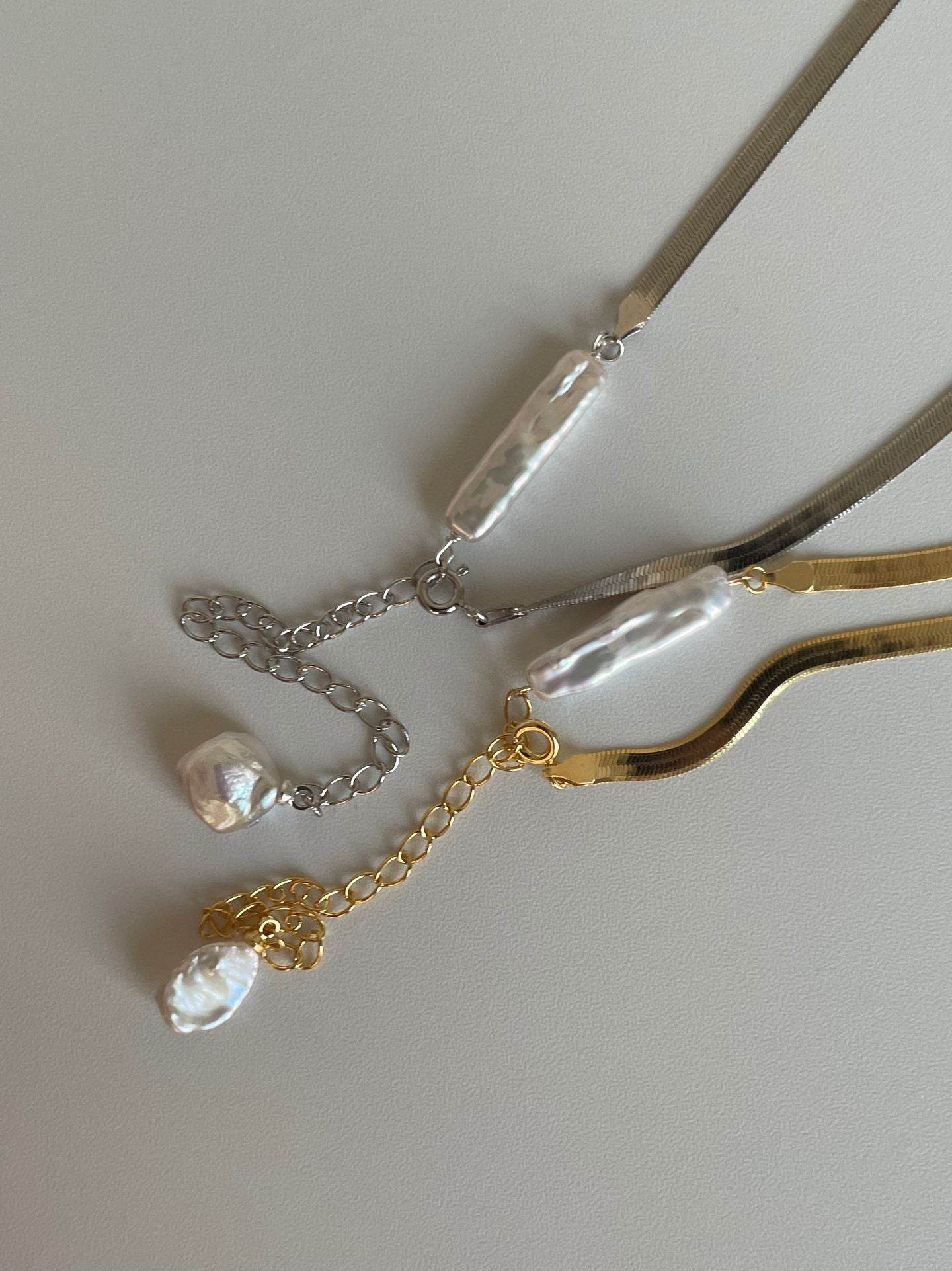 Baroque Duo Pearl Necklace – Silver Snake Chain - SOLIS