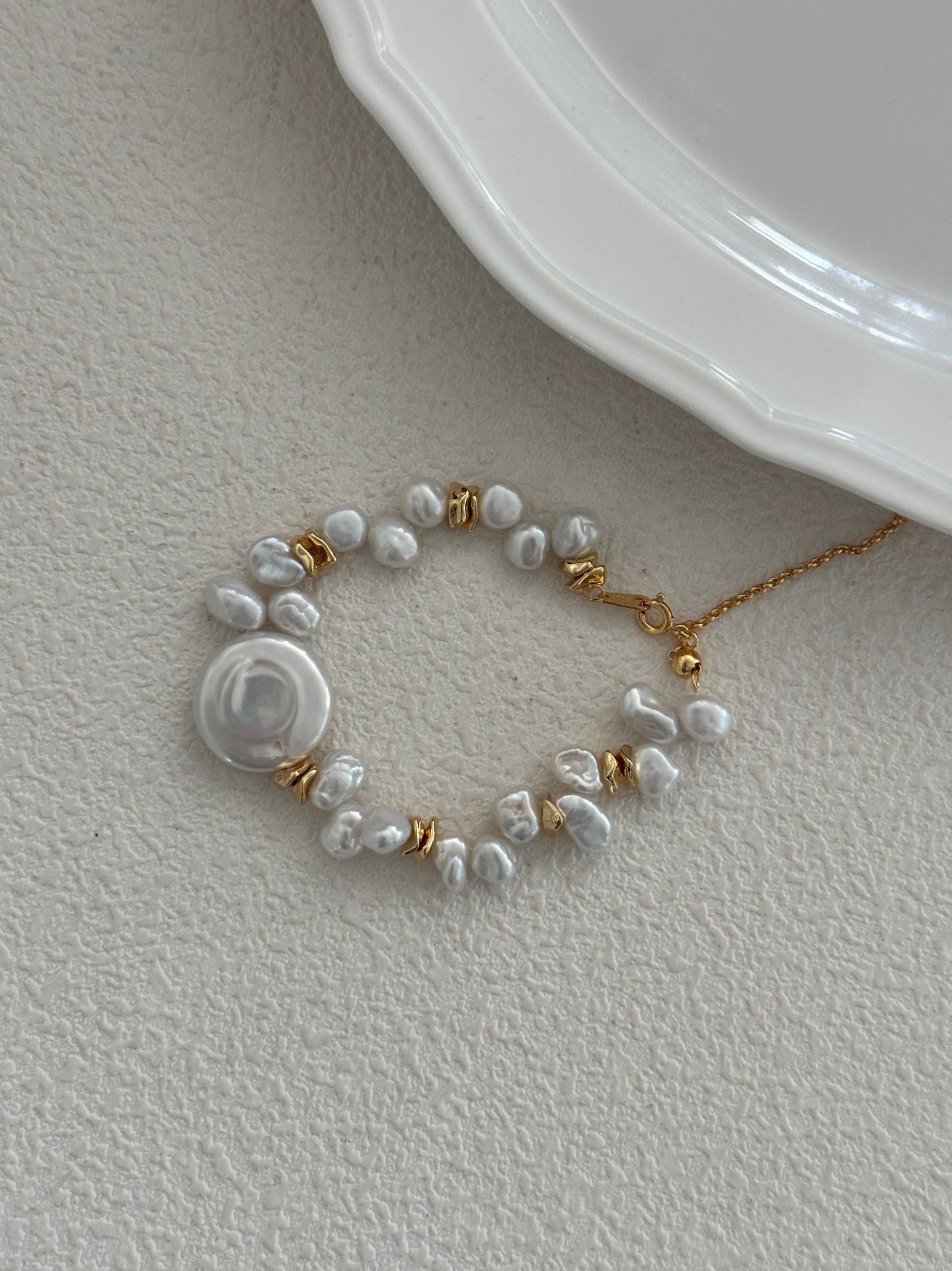 Natural Keshi Pearl Bracelet with Coin Disc Centerpiece