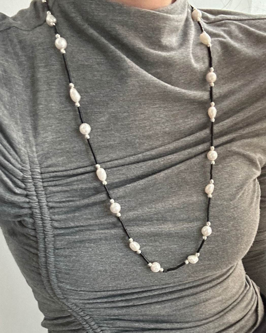 Black Onyx & Baroque Pearl Long Necklace - SOLIS