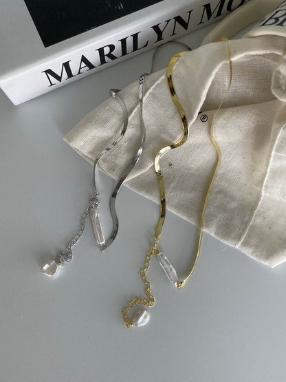 Baroque Duo Pearl Necklace – Silver Snake Chain - SOLIS