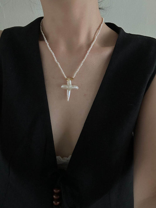 Divine Shape – Baroque Cross Pearl Necklace - SOLIS