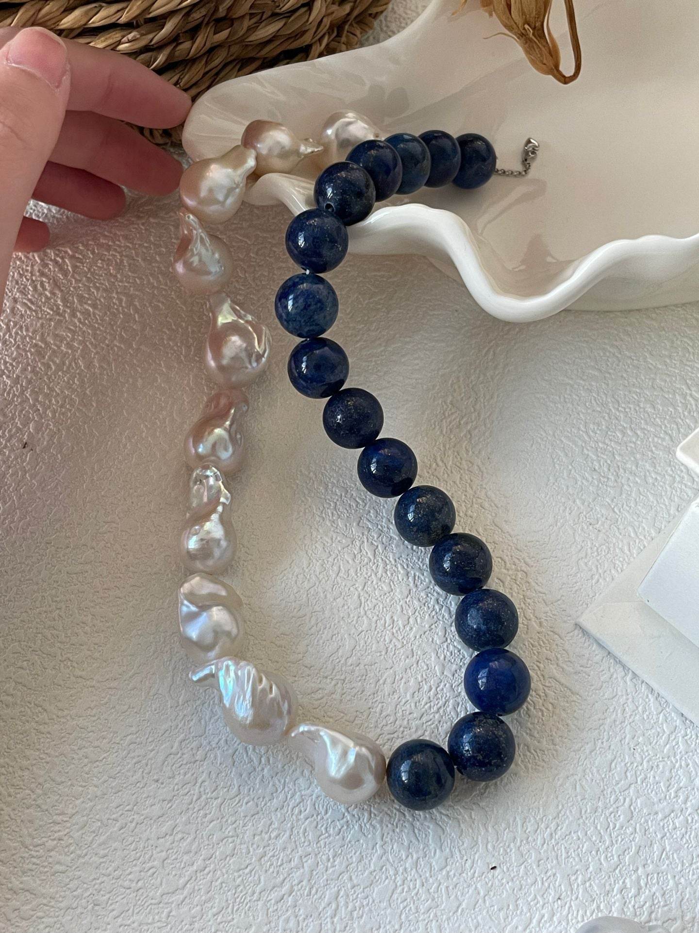 "Tide & Truth" – Lapis Lazuli and Baroque Pearl Statement Necklace