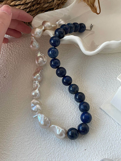 "Tide & Truth" – Lapis Lazuli and Baroque Pearl Statement Necklace