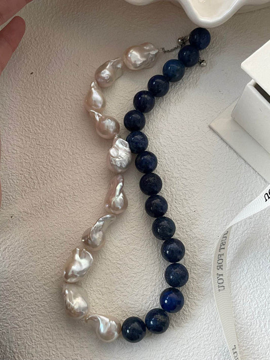 "Tide & Truth" – Lapis Lazuli and Baroque Pearl Statement Necklace