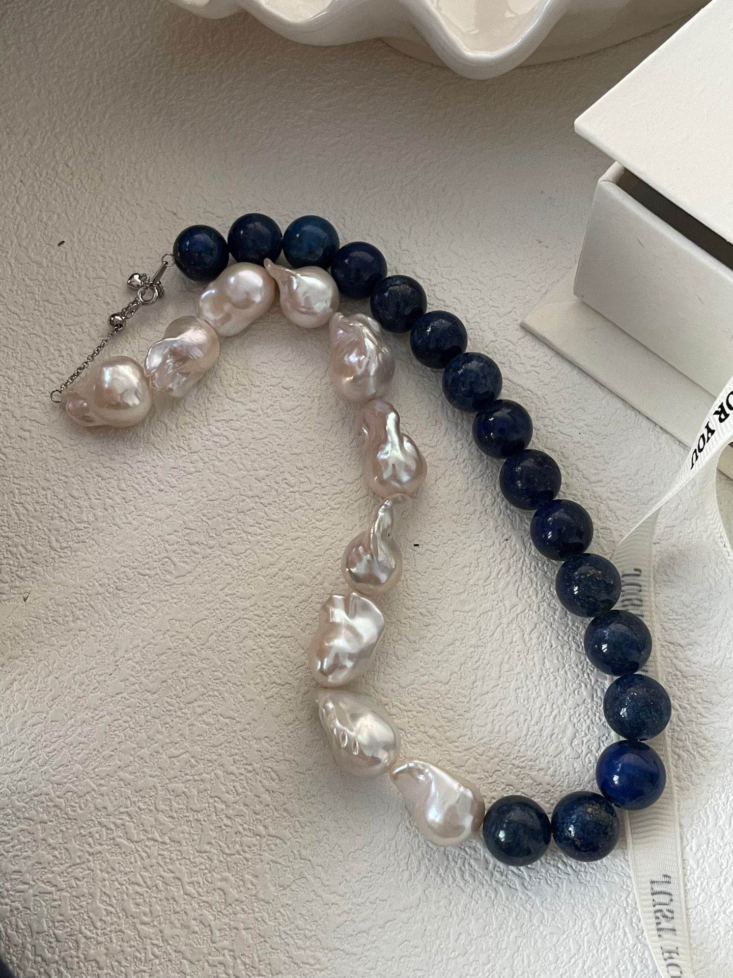 "Tide & Truth" – Lapis Lazuli and Baroque Pearl Statement Necklace