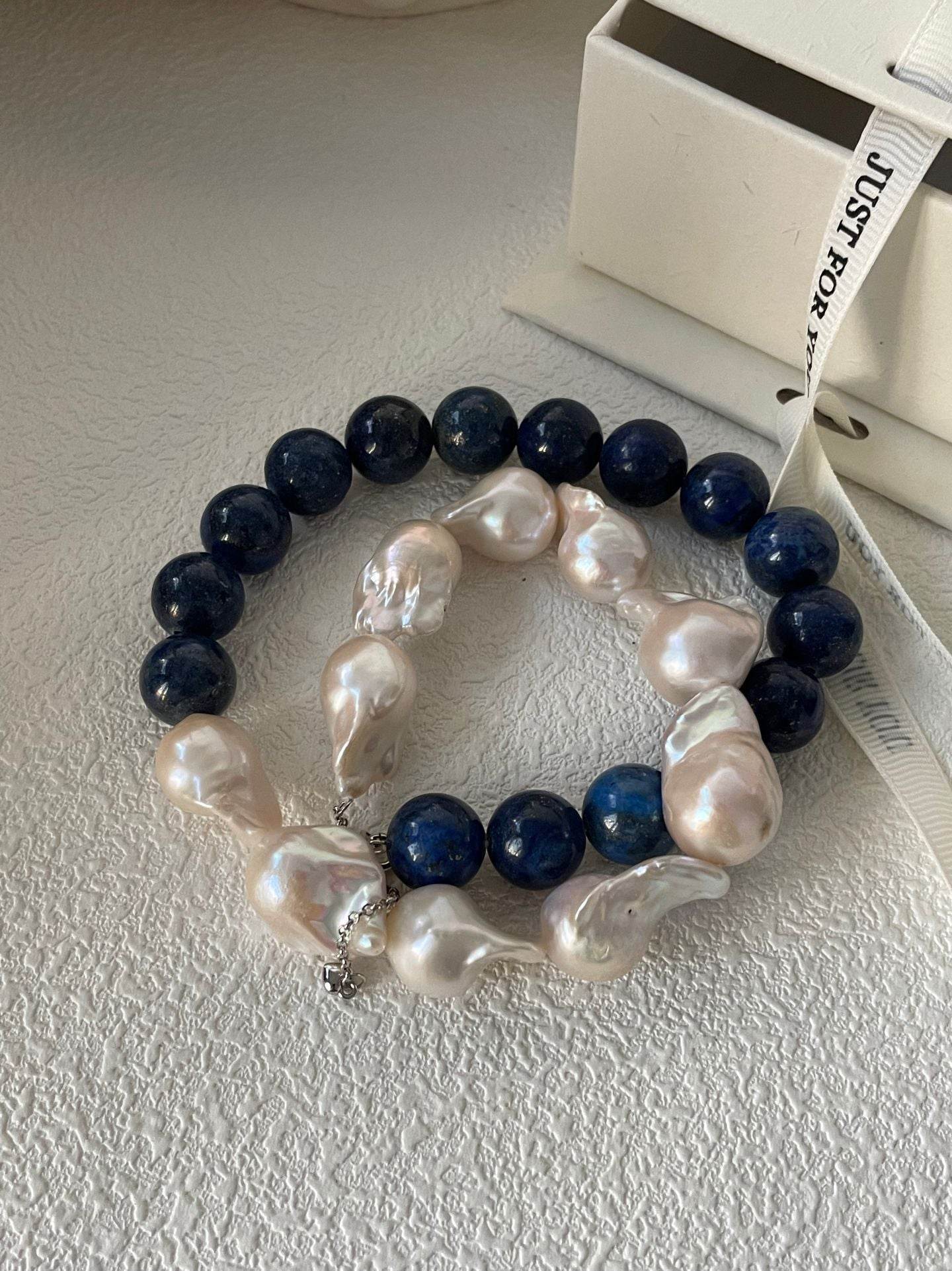 "Tide & Truth" – Lapis Lazuli and Baroque Pearl Statement Necklace