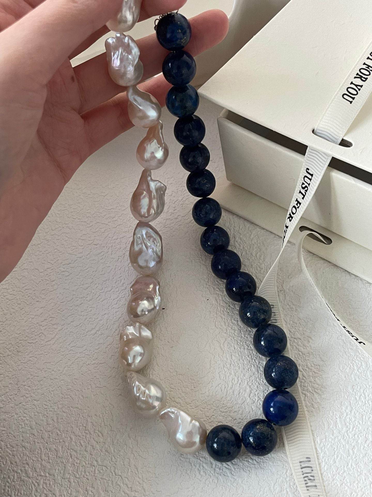 "Tide & Truth" – Lapis Lazuli and Baroque Pearl Statement Necklace