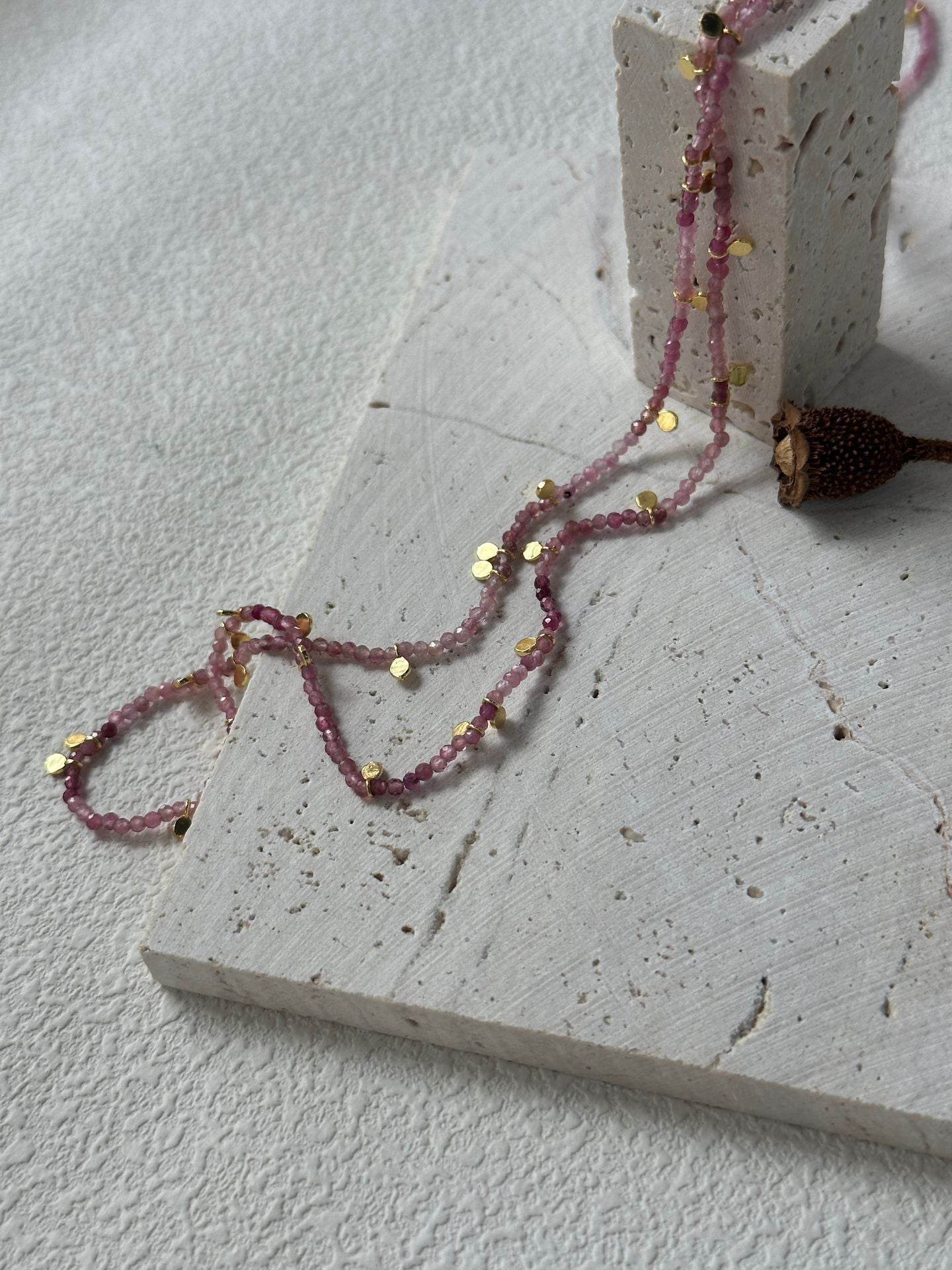 Pink Tourmaline Gold Dot Necklace – Double-Wrap Style - SOLIS