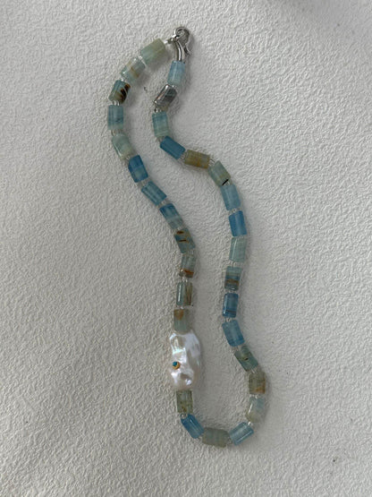 Blue Calcite & Baroque Pearl Necklace – Sculptural Summer Layers - SOLIS