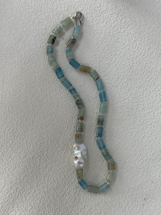 Blue Calcite & Baroque Pearl Necklace – Sculptural Summer Layers - SOLIS