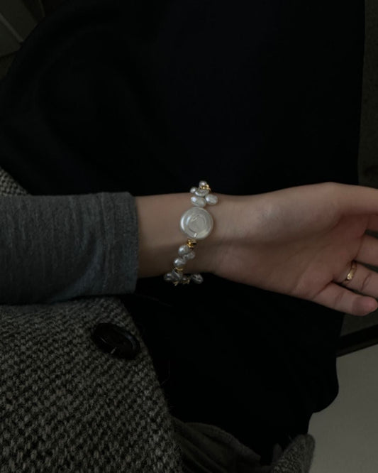 Natural Keshi Pearl Bracelet with Coin Disc Centerpiece