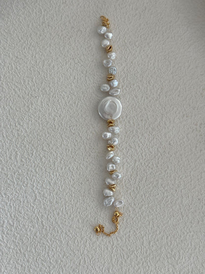 Natural Keshi Pearl Bracelet with Coin Disc Centerpiece