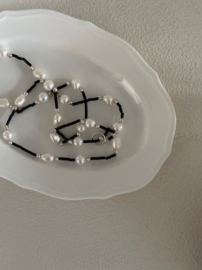 Black Onyx & Baroque Pearl Long Necklace