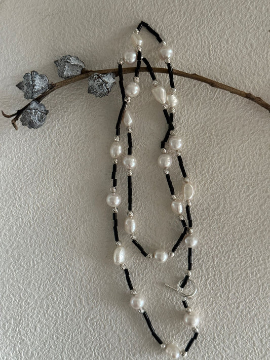 Black Onyx & Baroque Pearl Long Necklace