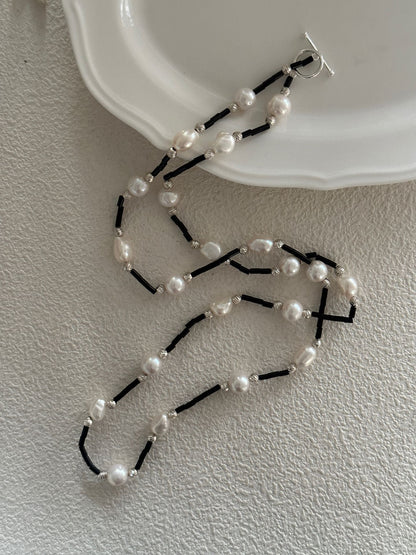 Black Onyx & Baroque Pearl Long Necklace