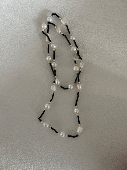 Black Onyx & Baroque Pearl Long Necklace