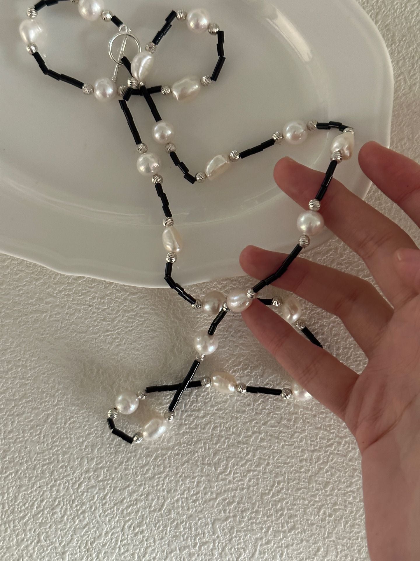 Black Onyx & Baroque Pearl Long Necklace