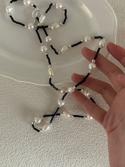 Black Onyx & Baroque Pearl Long Necklace
