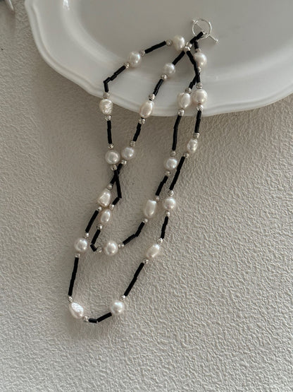 Black Onyx & Baroque Pearl Long Necklace