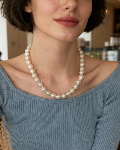 Woman wearing a pearl necklace in a cafe setting
